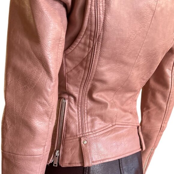 🎄 NWOT🛍️ Mango Faux Leather Pink Holiday Cocktail DUSTY ROSE MOTO JACKET XXS - Picture 5 of 6